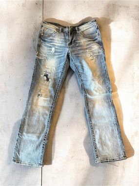 Men's Buckle Salvage Designer Distressed Light Blue Jeans - Casual Straight Fit